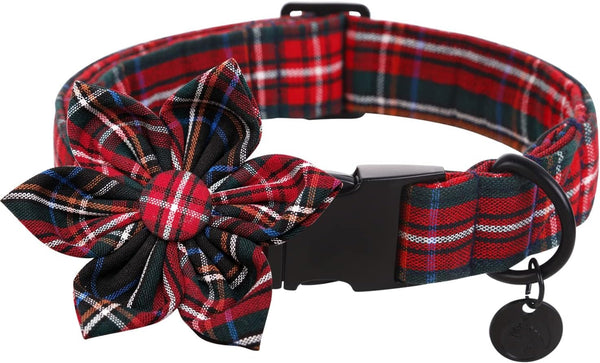 Red Plaid Christmas Dog Collar with Flower