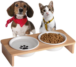 Bamboo Elevated Dog Bowl Stand with Ceramic Bowls