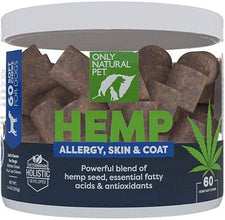 Only Natural Pet Allergy Skin & Coat Hemp Soft Chews - Allergy Immune Bites for Dogs Omega 3 Supplement Hemp Oil - Calming Treats for Itchy Skin Relief Hot Spot - (60 Count)
