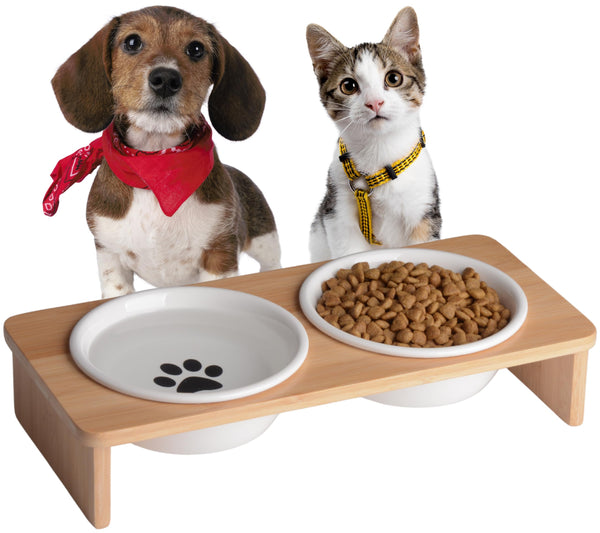 Bamboo Elevated Dog Bowl Stand with Ceramic Bowls
