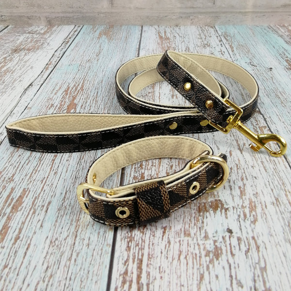 French Bulldog Plaid Leather Collar Set