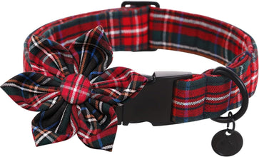 Red Plaid Christmas Dog Collar with Flower