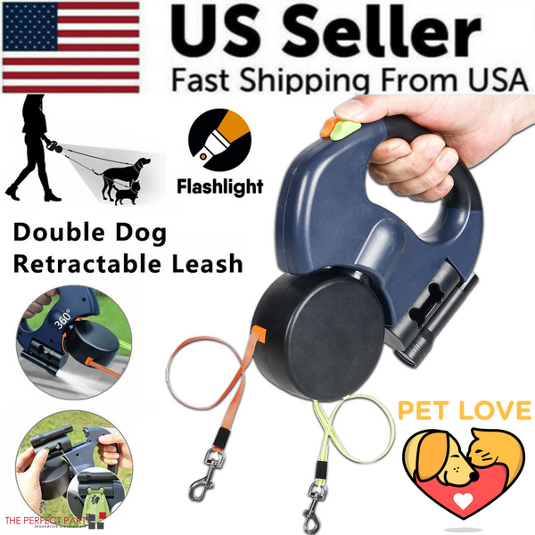 Dual Retractable Reflective Dog Leash – 360 Swivel