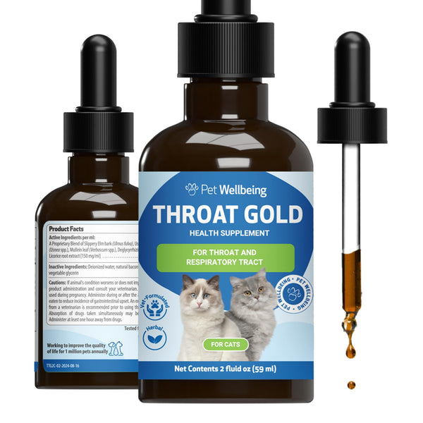 Pet Wellbeing Throat Gold for Cats - Supports Throat Comfort Upper Respiratory Health Occasional Throat Hoarseness Slippery Elm Mullein - Veterinarian-Formulated Herbal Supplement 2 oz (59 ml)
